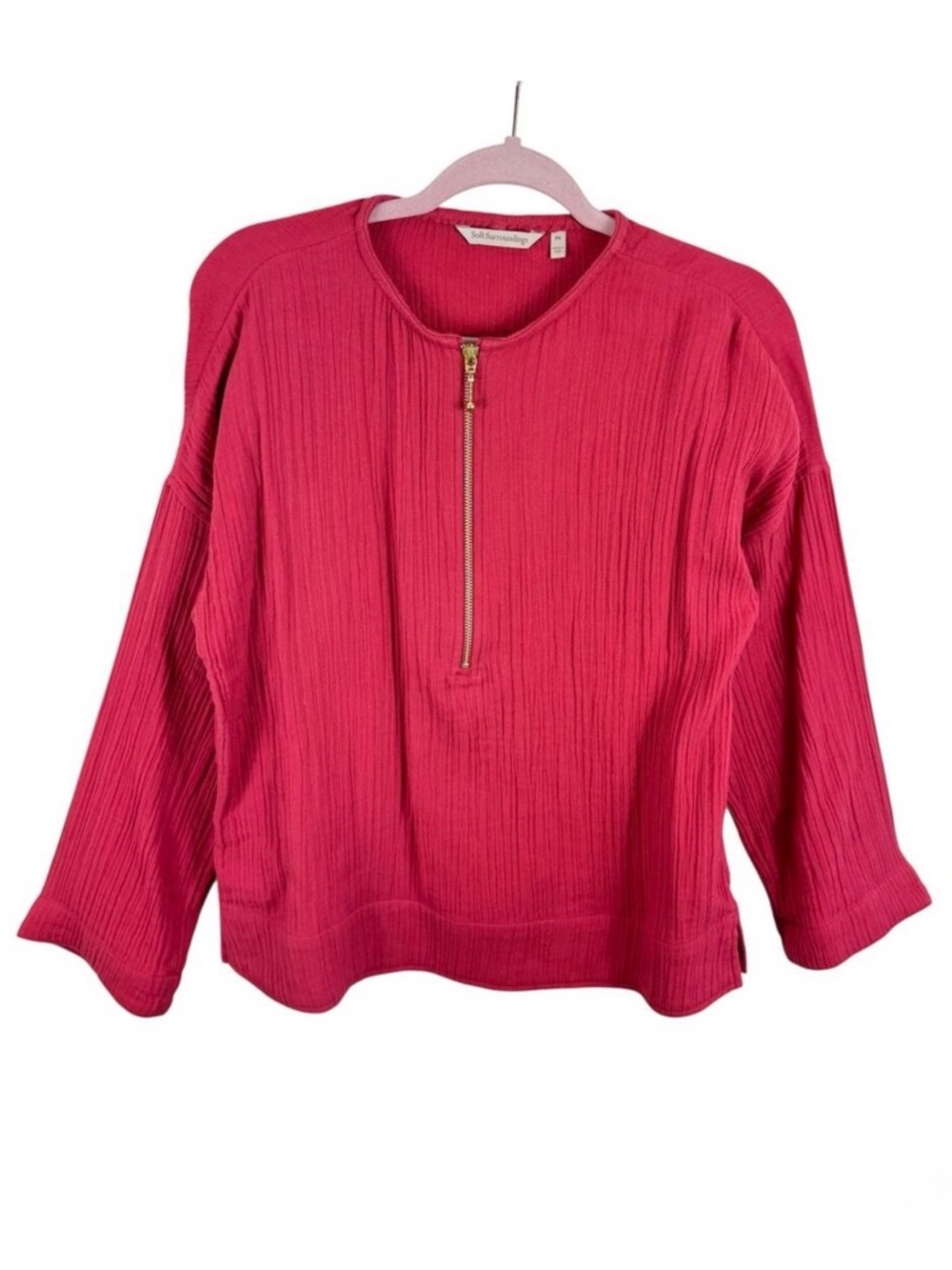 Soft Surroundings 100% Cotton Pink Coral 1/2 Zip Gauze Pullover Blouse Size‎ PS
